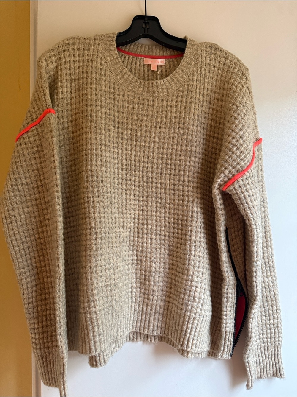 Lisa Todd Cream Waffle-Knit Crew Sweater with Coral Accent